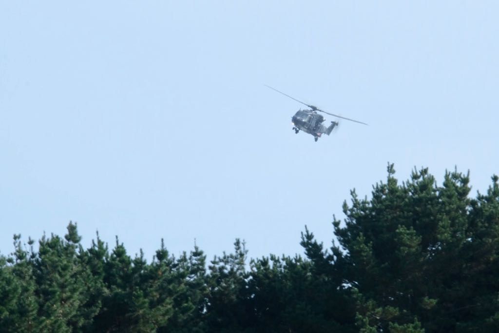 NH90 helicopter flying low over trees. 