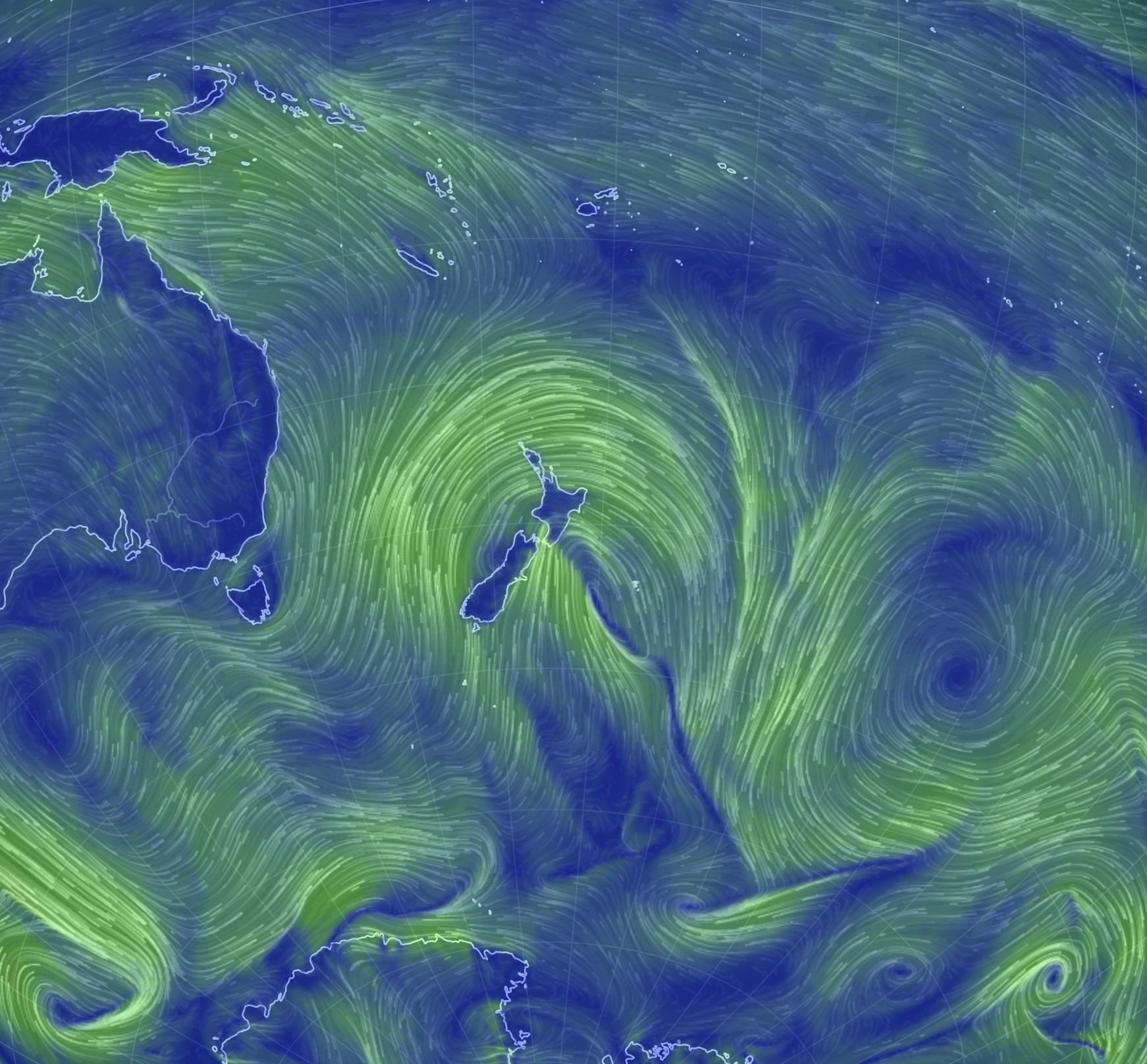 Zoomed out wind map showing strong winds in a storm centred on New Zealand with some air coming up from near Antarctica.