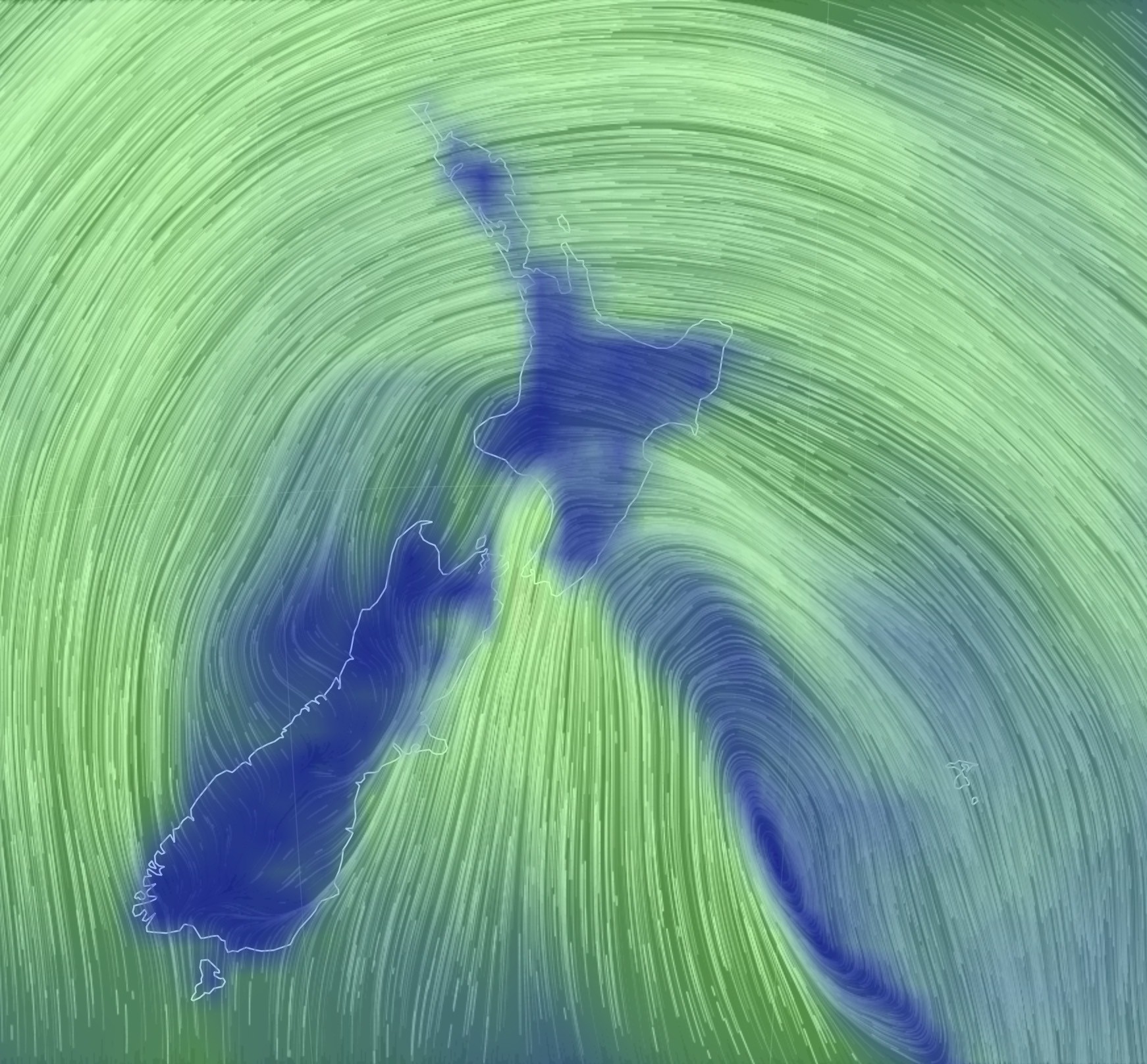 Zoomed in wind map showing strong winds in a storm centred on New Zealand.