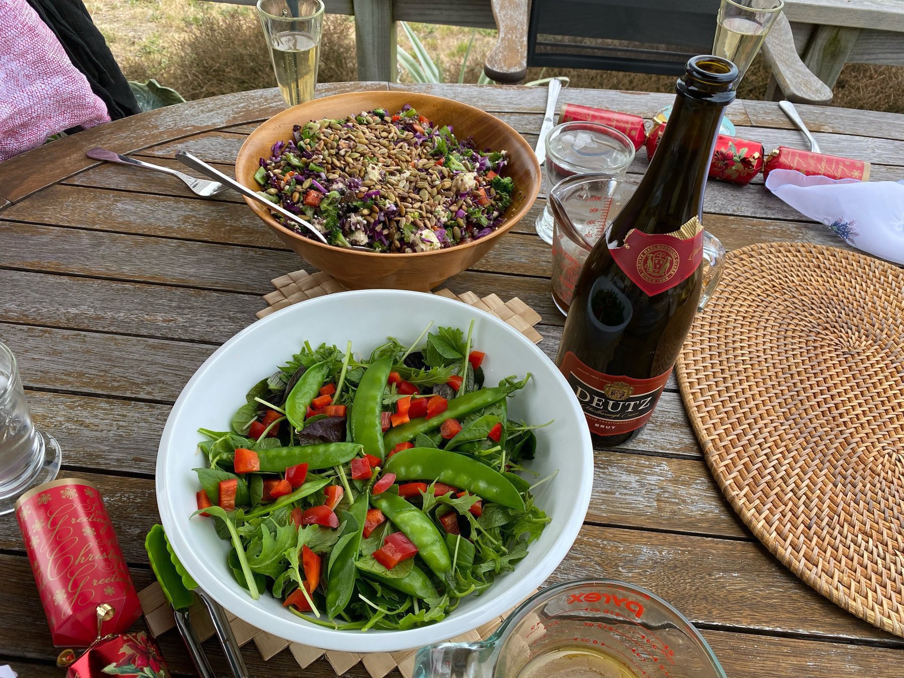 Salads and Deutz. 