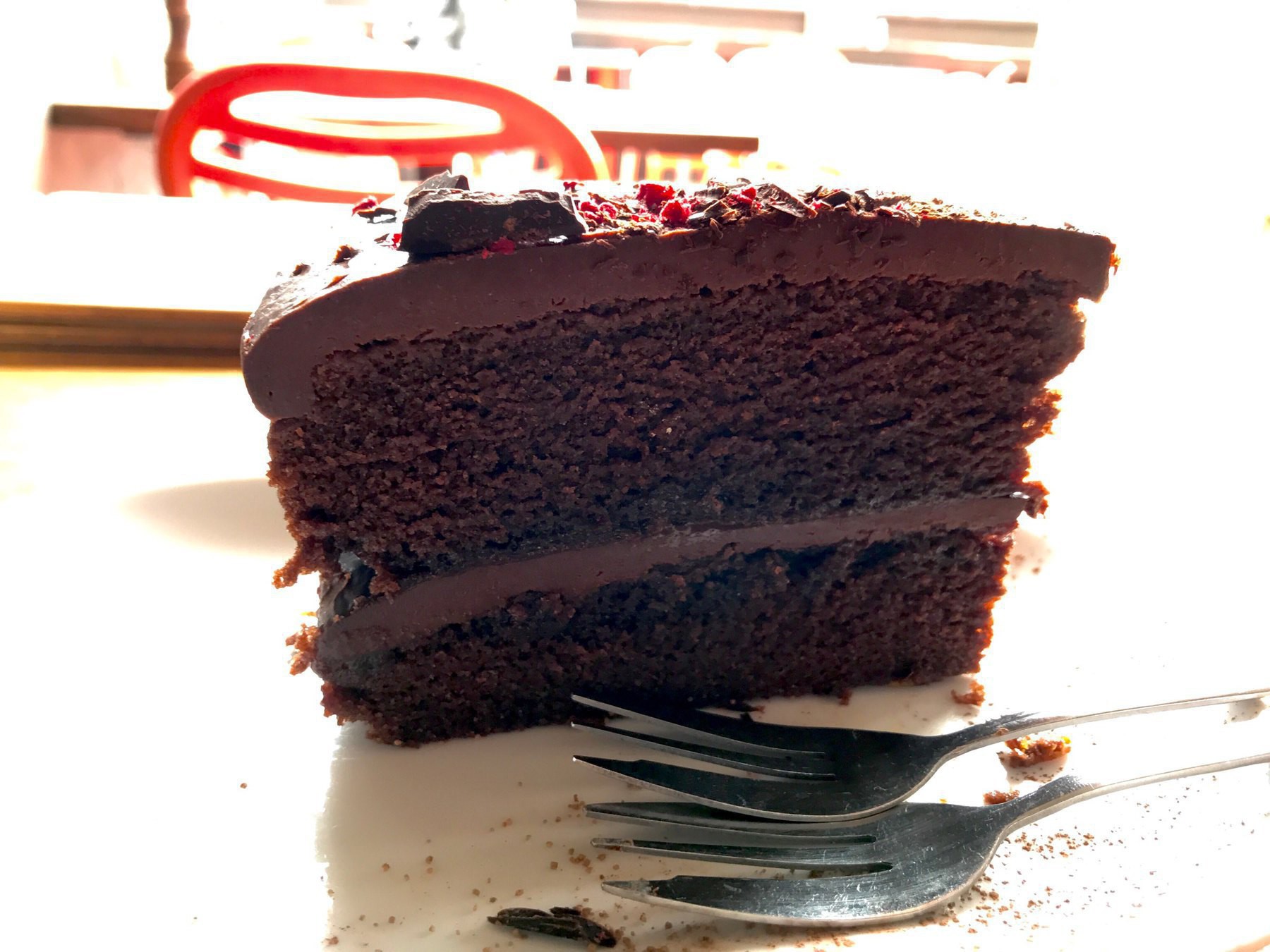 Large piece of chocolate cake. 