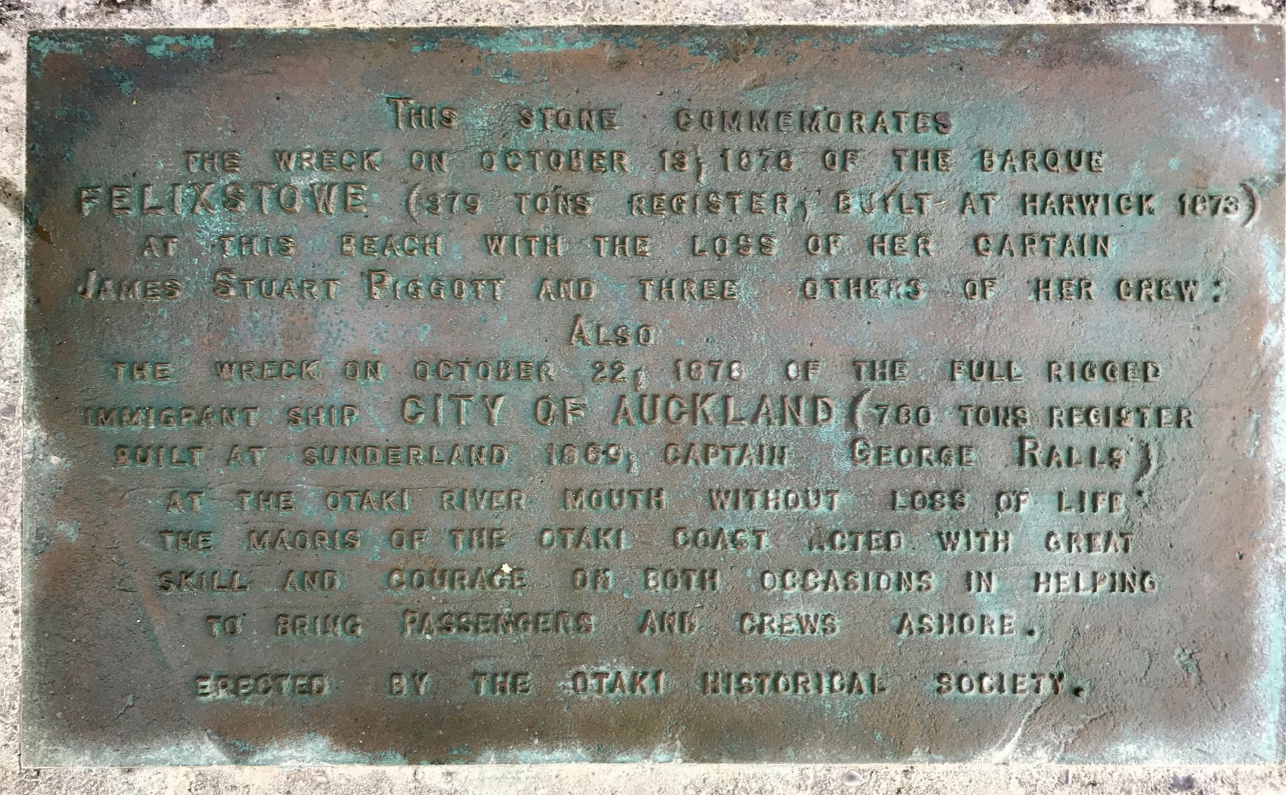 Plaque commemorating two shipwrecks in 1878. 