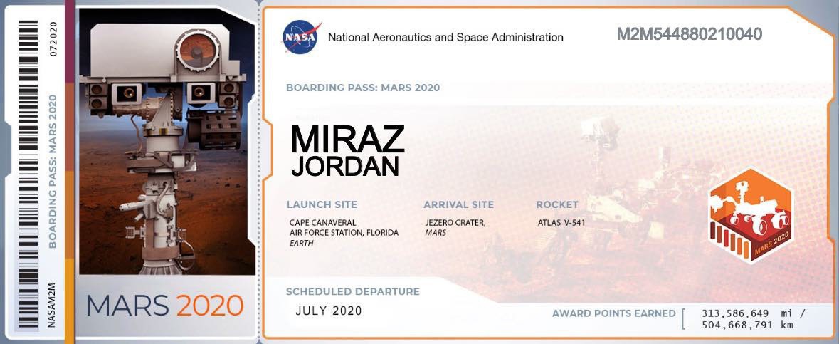 2020 Mars mission ‘boarding pass’. 