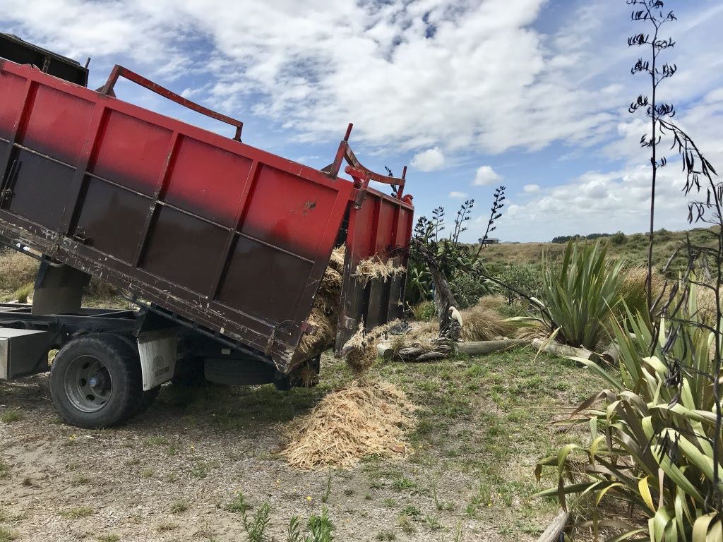 Dumping a small portion of mulch near the house. 