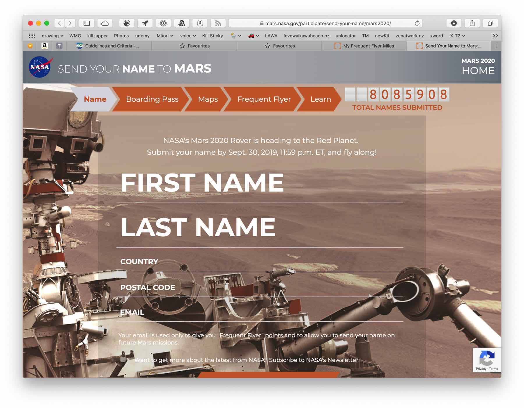 Screenshot: send your name to Mars page. 