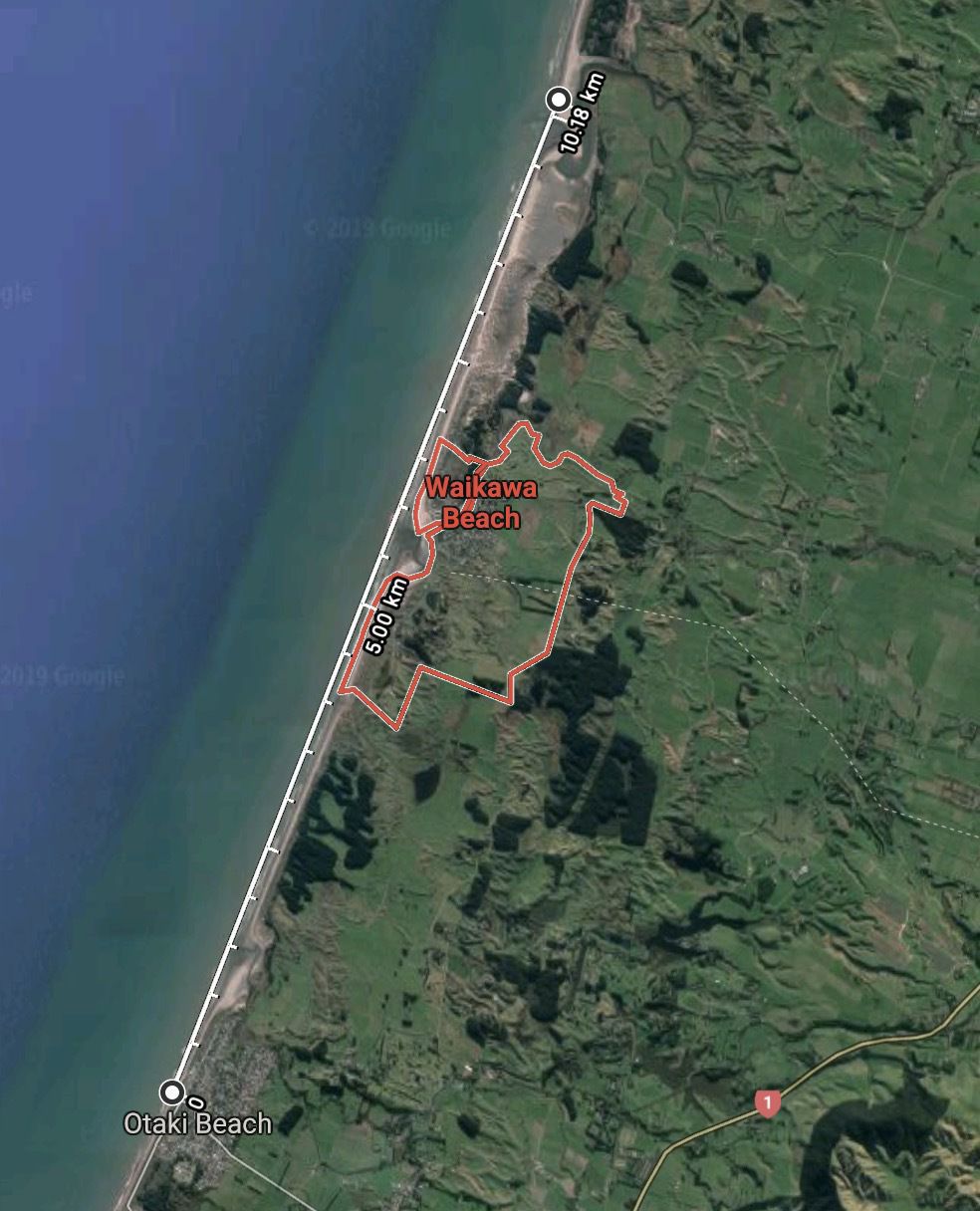 Map showing 10 Km of west coast beach between Ōtaki in the south and Kuku in the north.