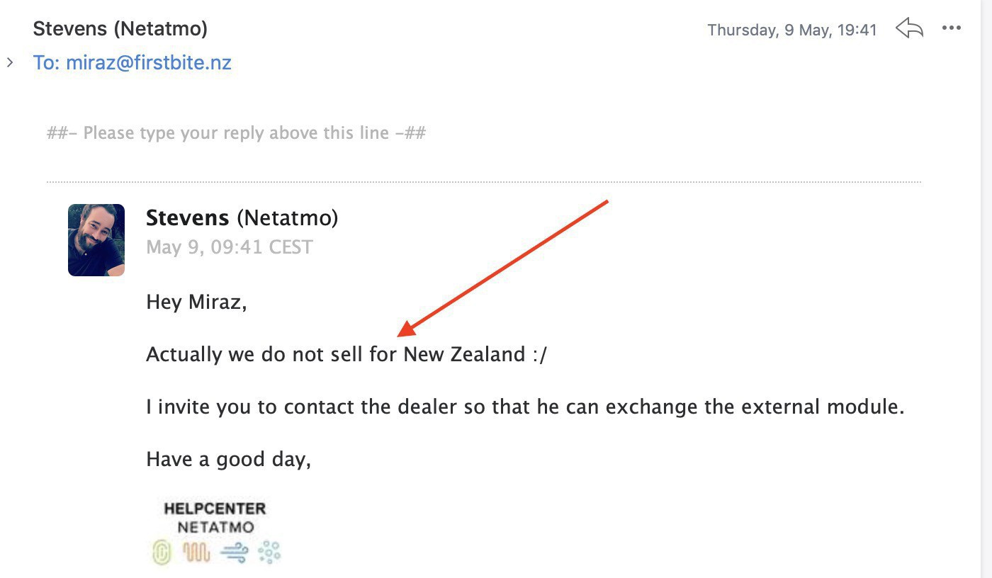 Screenshot from an email saying module not sold in NZ.