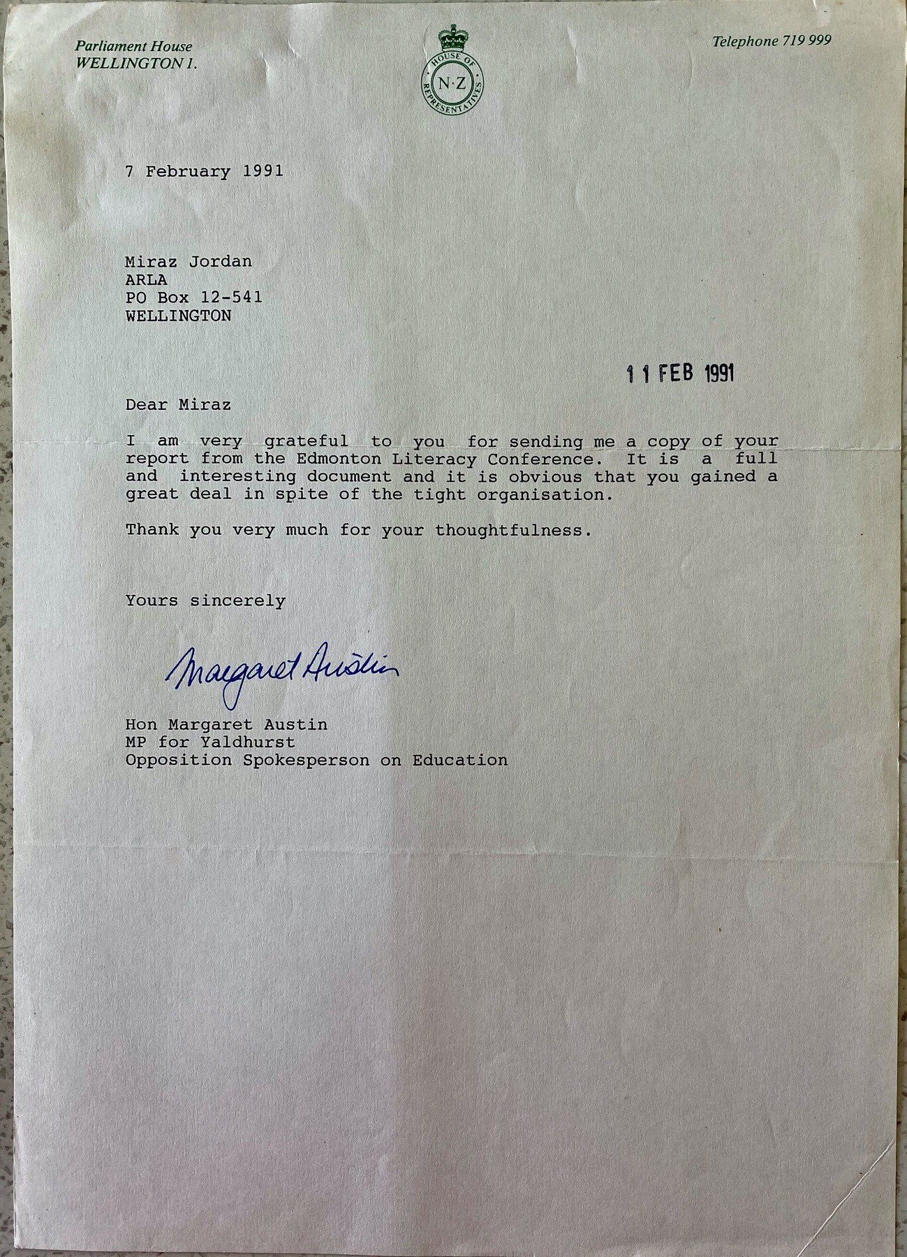 A letter from a Member of Parliament in 1991.