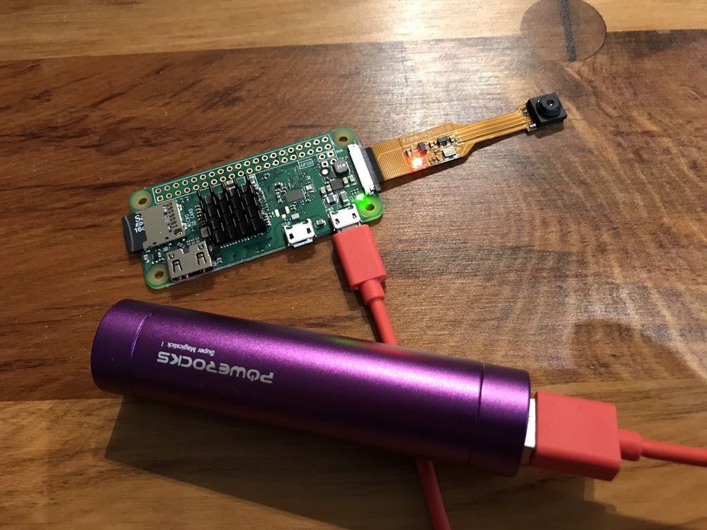 Raspberry Pi with camera and USB power source attached.