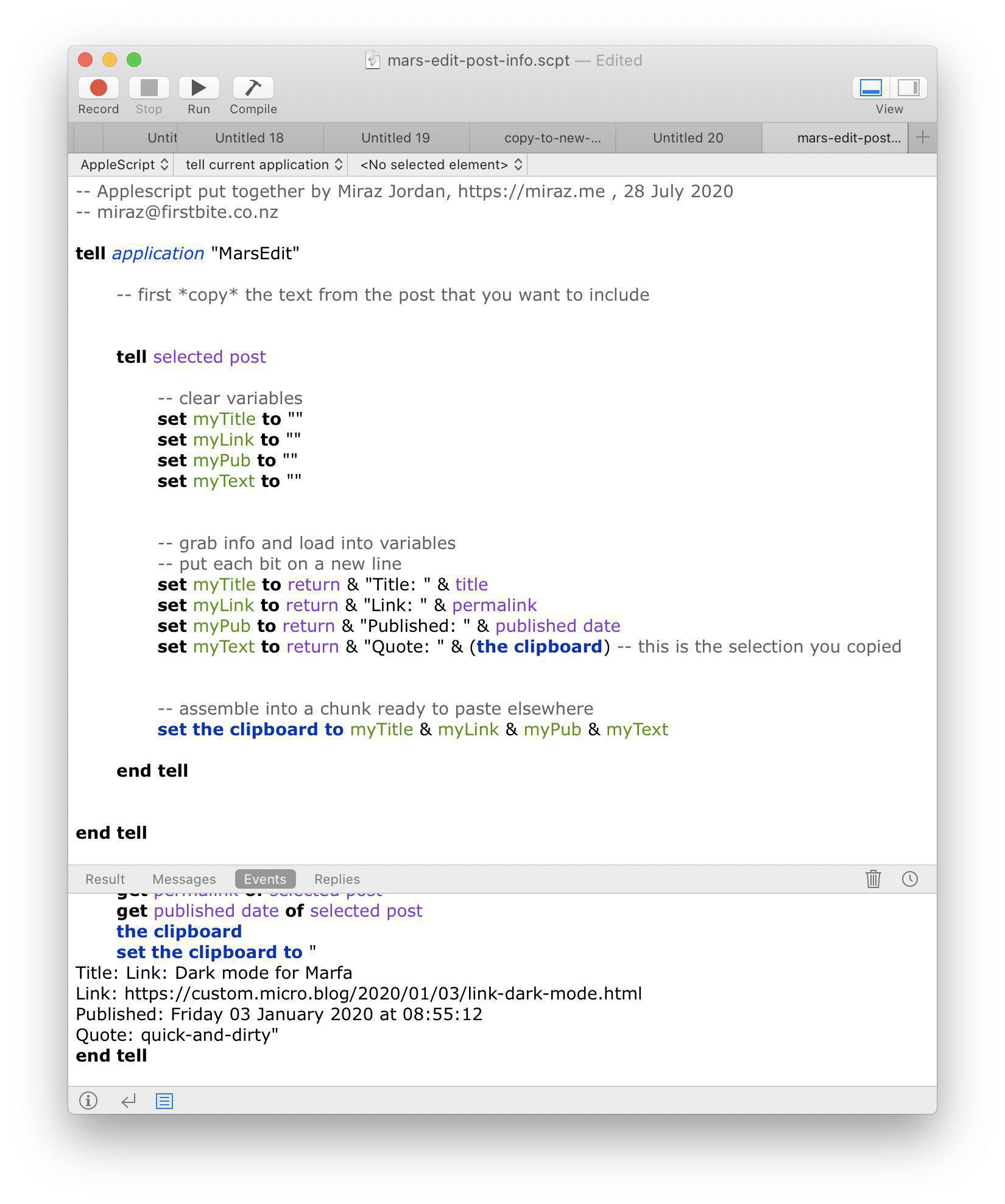 MarsEdit Applescript screenshot. 
