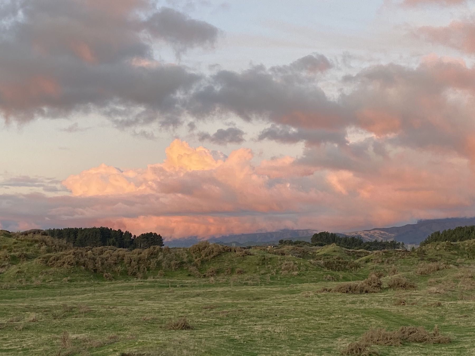 Puffy clouds, sunset orange and grey. 