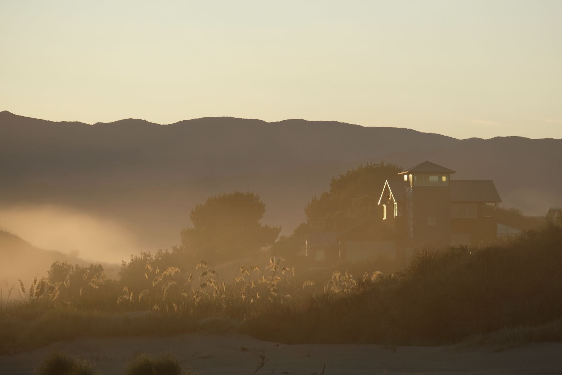 Hills, house sidelit by sun, bright vegetation. Ground fog. 