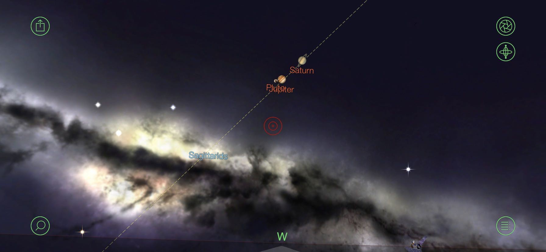 Star map featuring Saturn and Jupiter near the galactic core. 