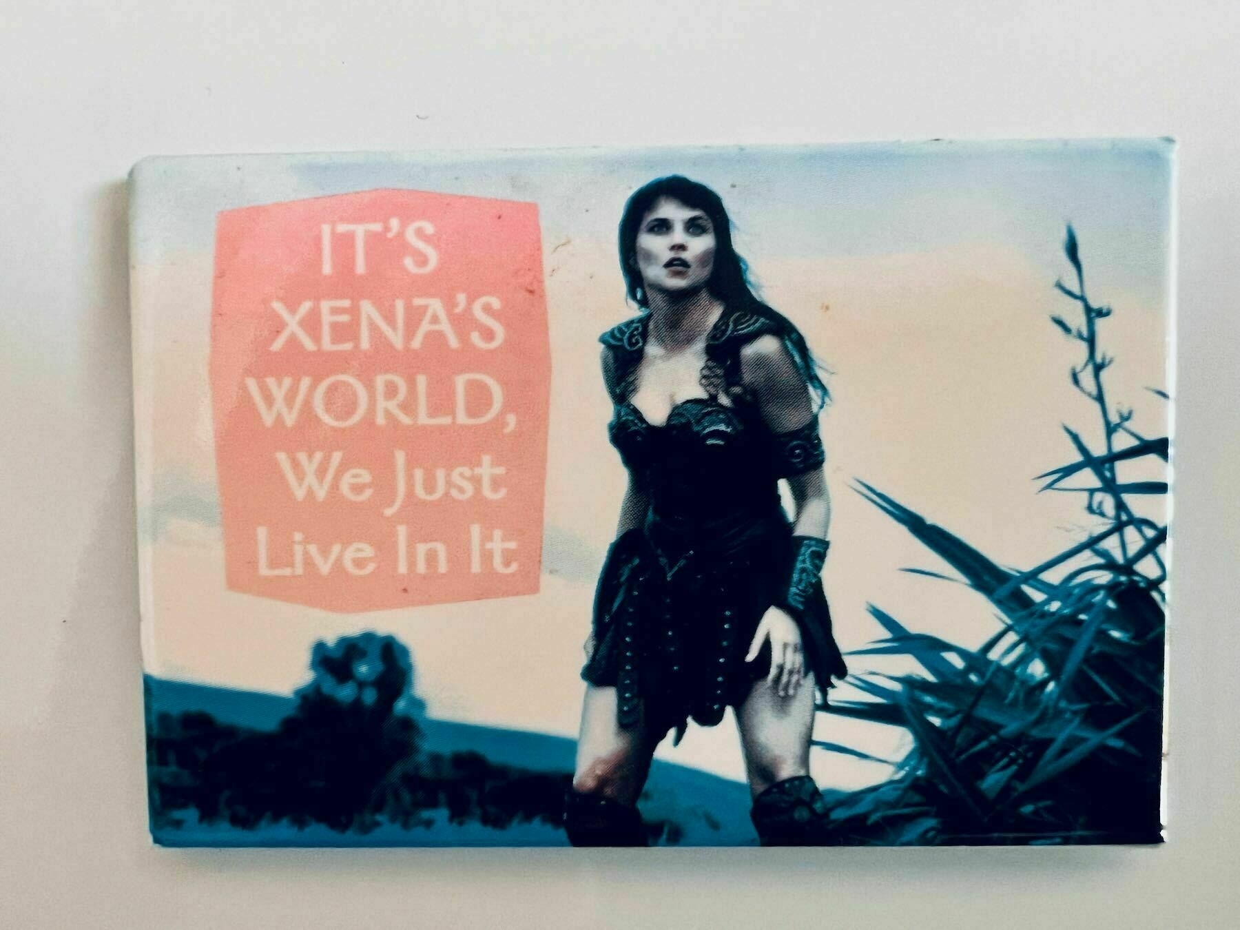 Fridge magnet with picture of Xean and the words: It's Xena's world. We just live in it. 