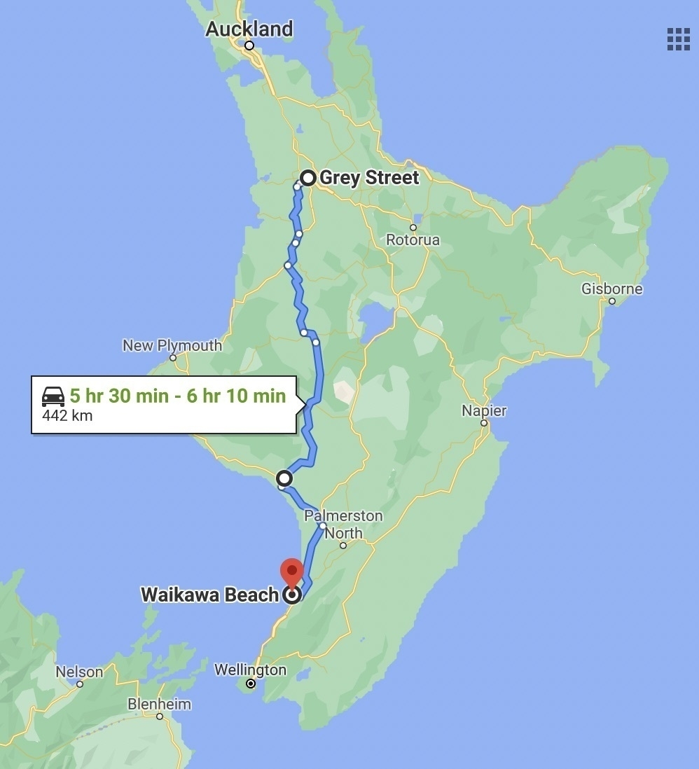 Map showing route from Hamilton to Waikawa Beach. 
