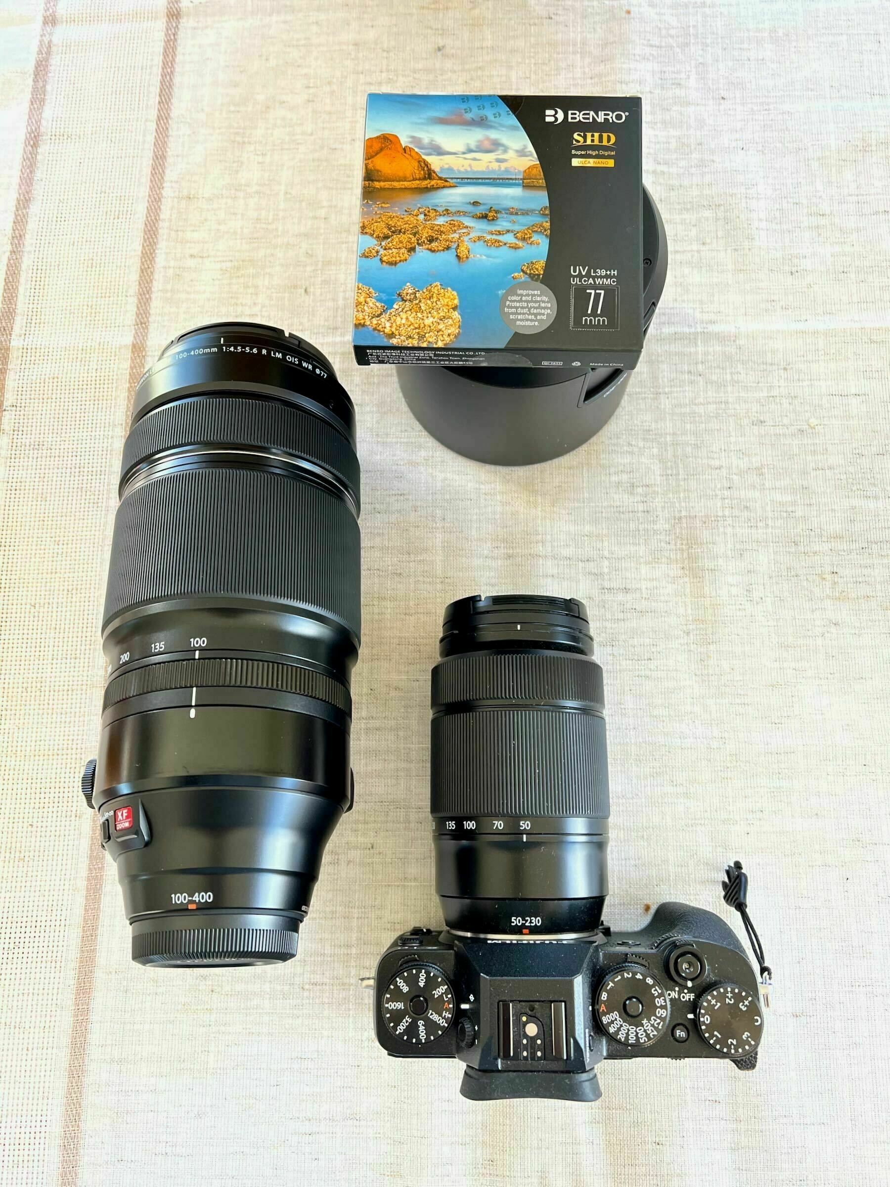 Camera with old zoom lens attached, dwarfed by new zoom lens. 