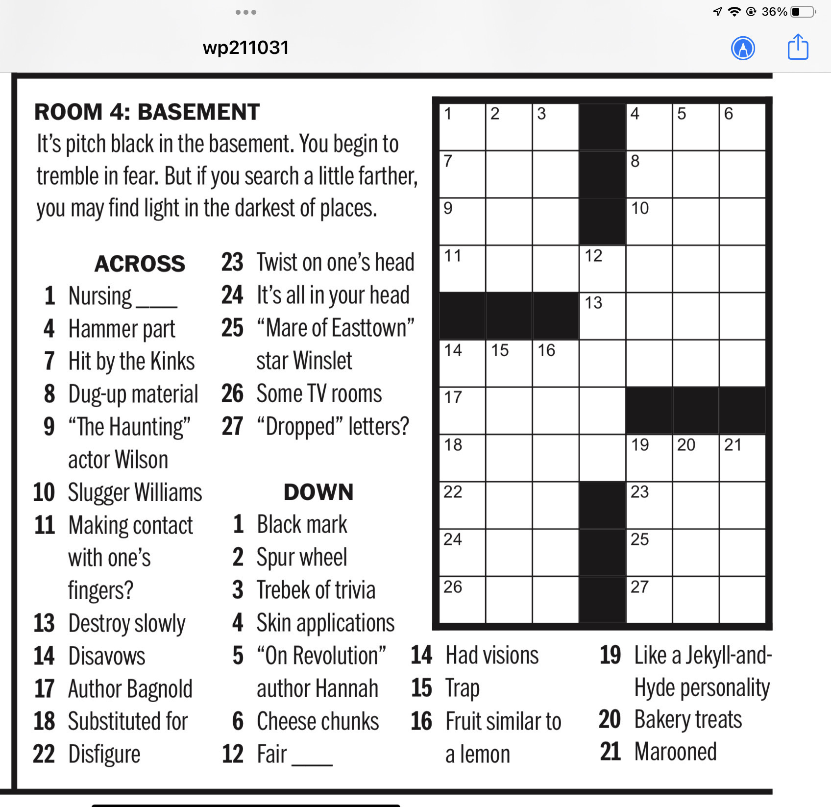 Part of a PDF crossword puzzle on my iPad. 
