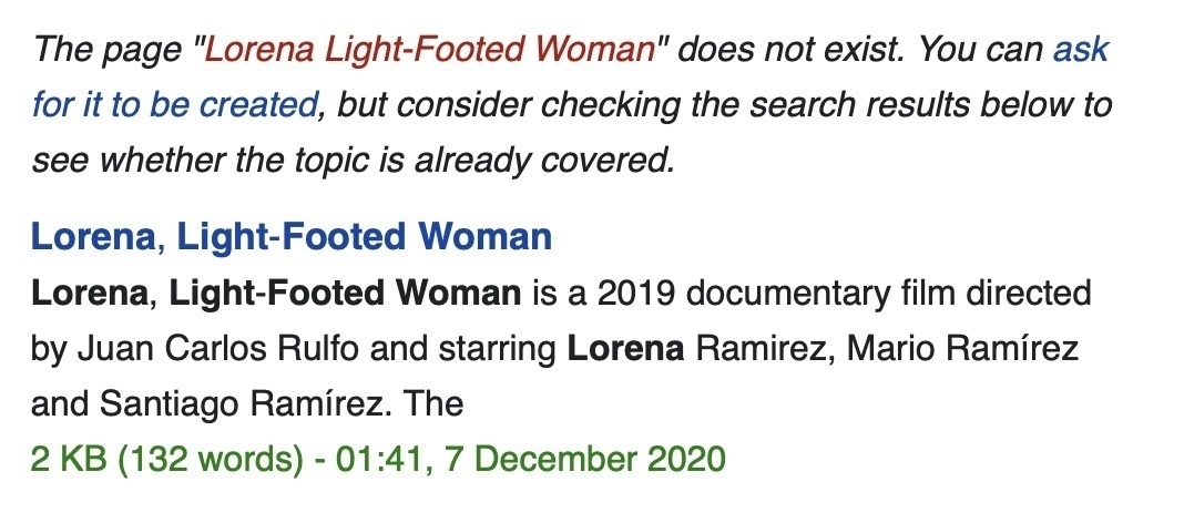 Screenshot of text: The page "Lorena Light-Footed Woman" does not exist. Immediately below that is the page “Lorena, Light-Footed Woman”. 