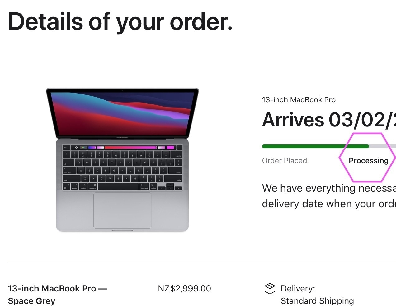 Screenshot of status for my ordered Mac. 