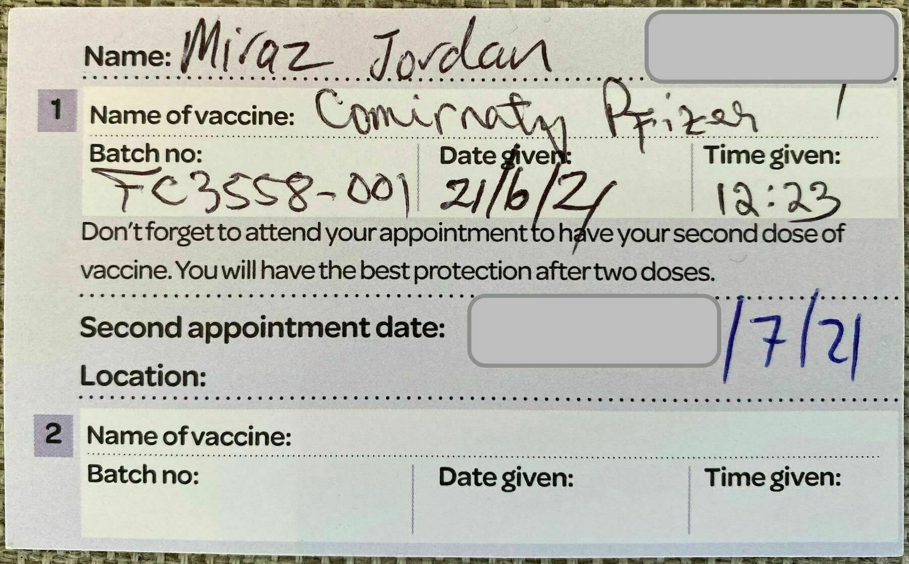 Vaccination card. 