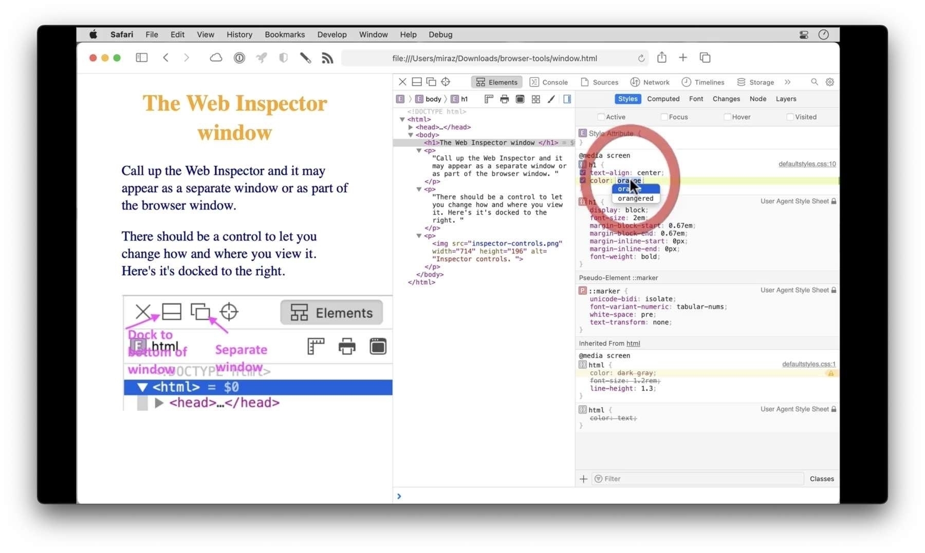 Screenshot of the Web Inspector window open on a web page. 