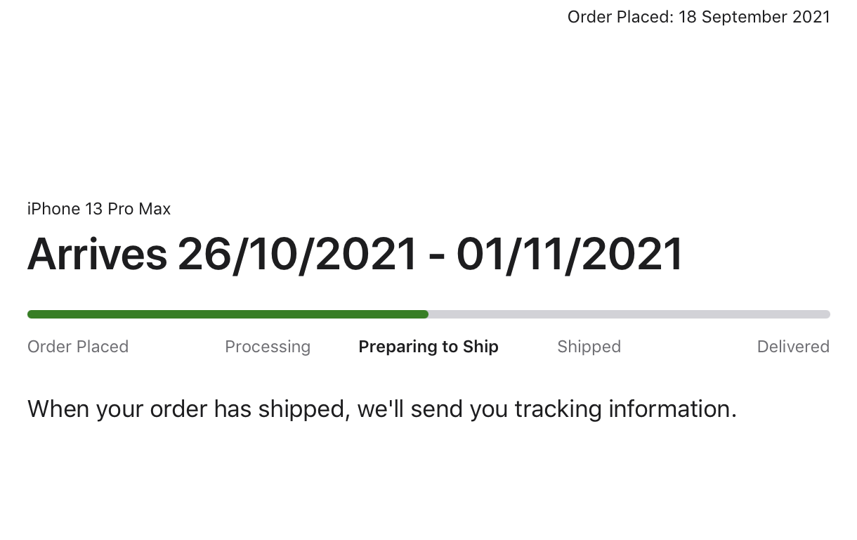 iPhone order status shows preparing to ship. 