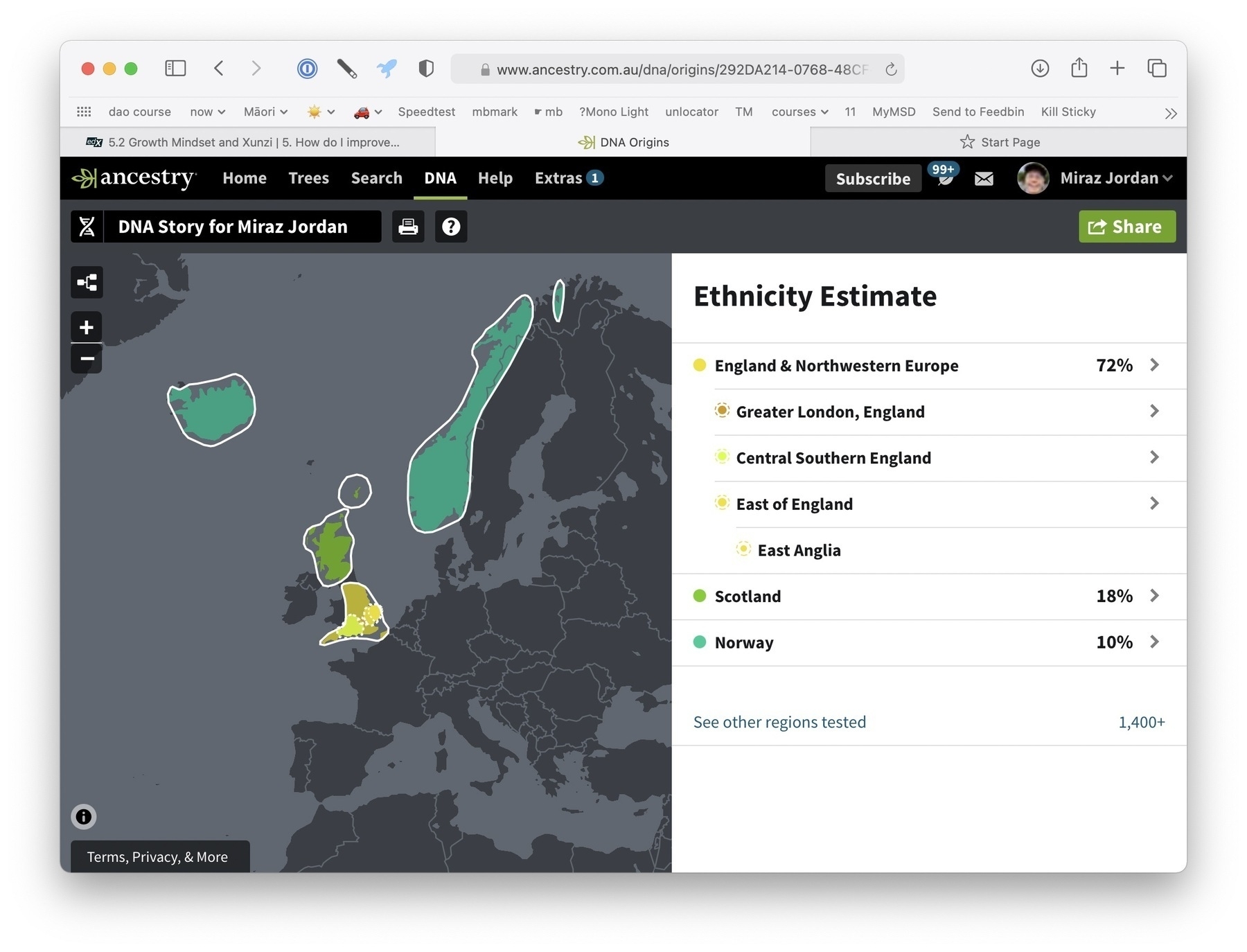 Map and ethnicity breakdown from my DNA test. 