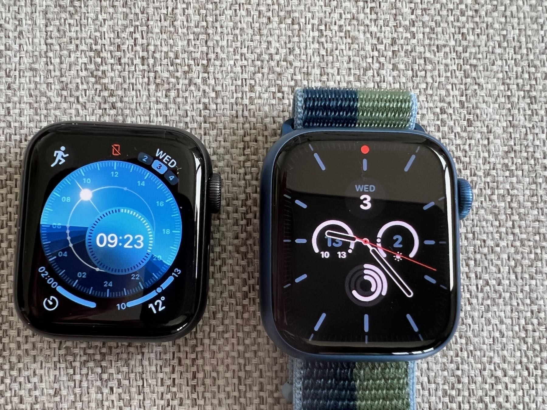 New Series 7 Apple Watch next to old Series 5. 