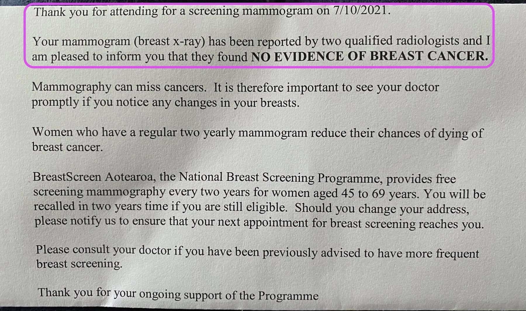 Letter advising no evidence of breast cancer after a routine mammogram. 