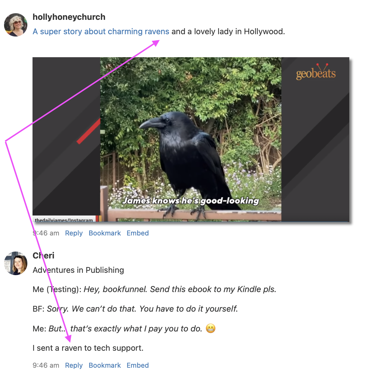 Adjacent posts mention ravens. 