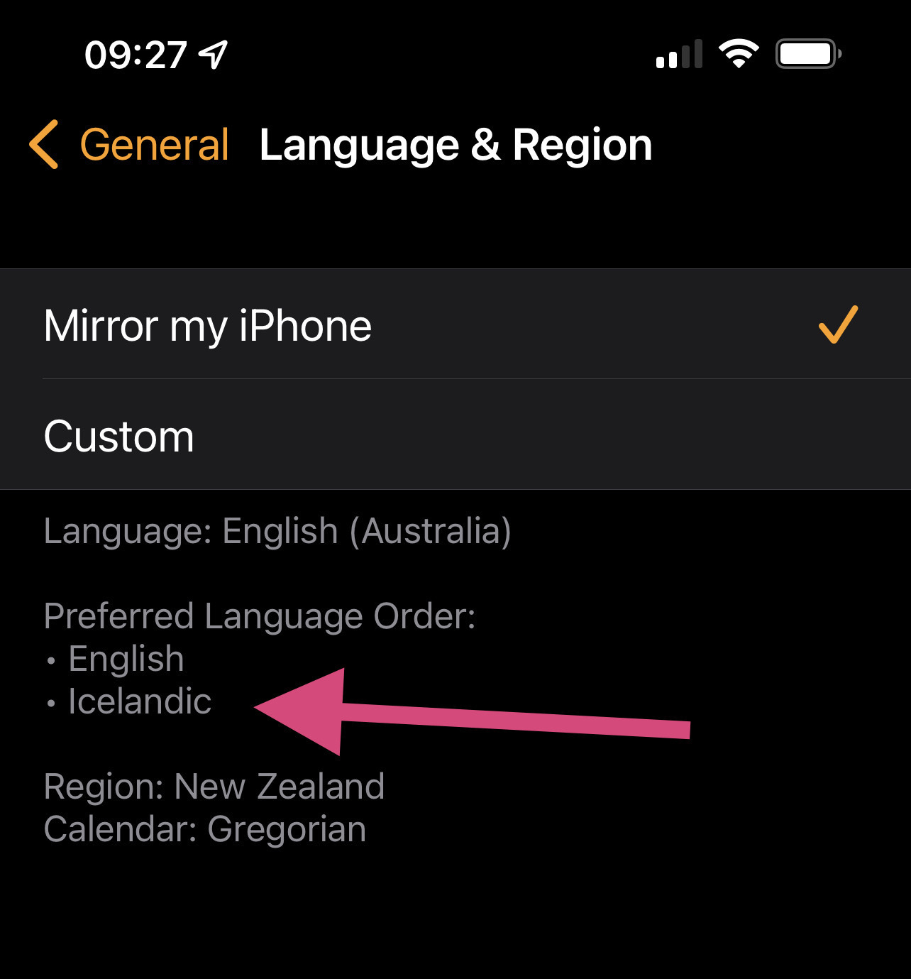 Language setting on phone screenshot. 