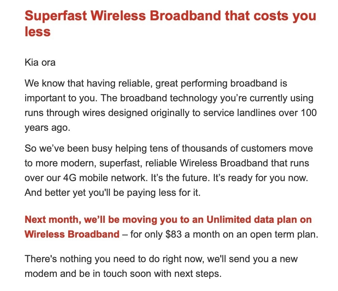 Email offering superfast wireless broadband over 4G. 