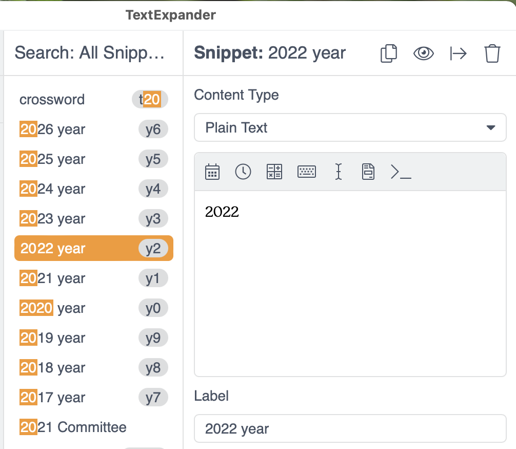 Screenshot of some TextExpander date snippets. 