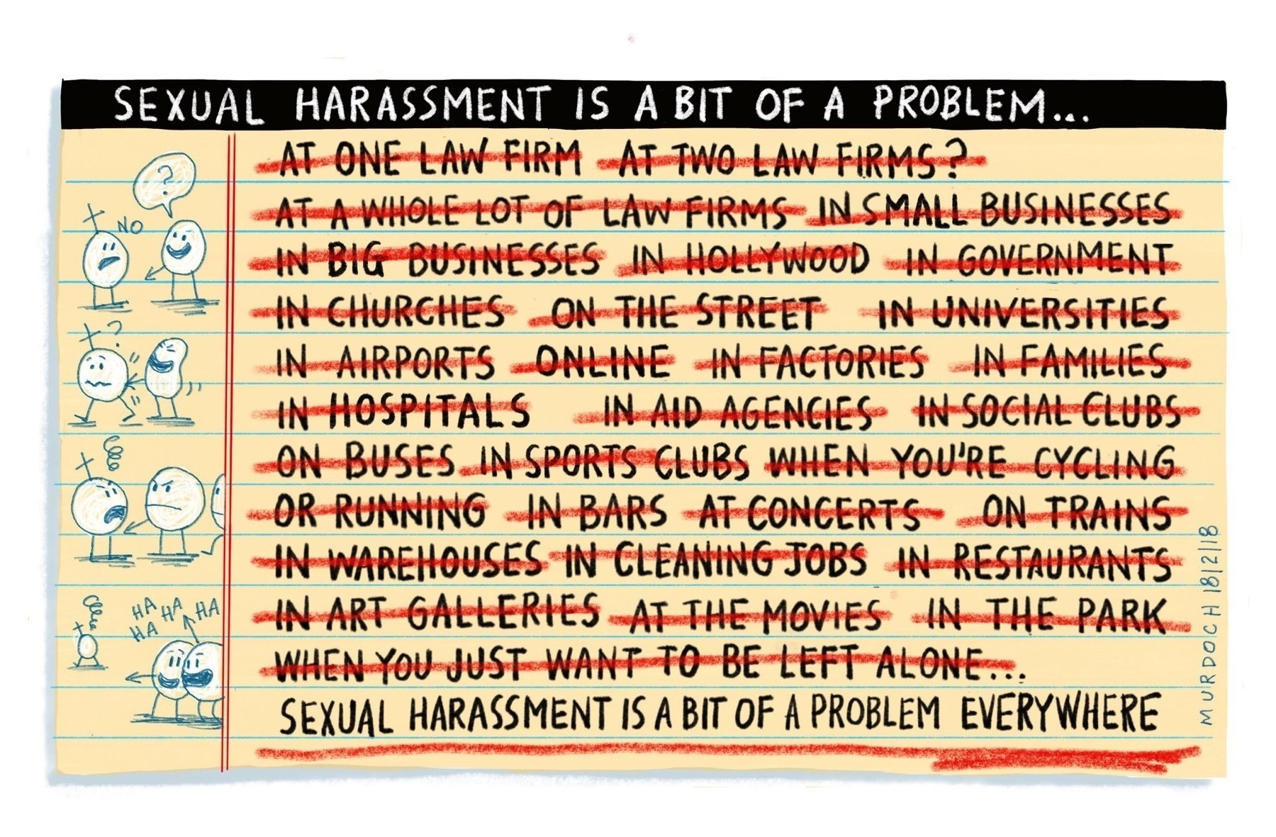 Long list of places where sexual harassment is a problem, all crossed out and replaced with ‘everywhere’.