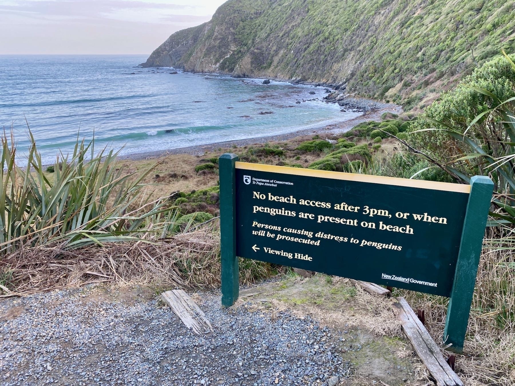 Roaring Bay view and info board. 