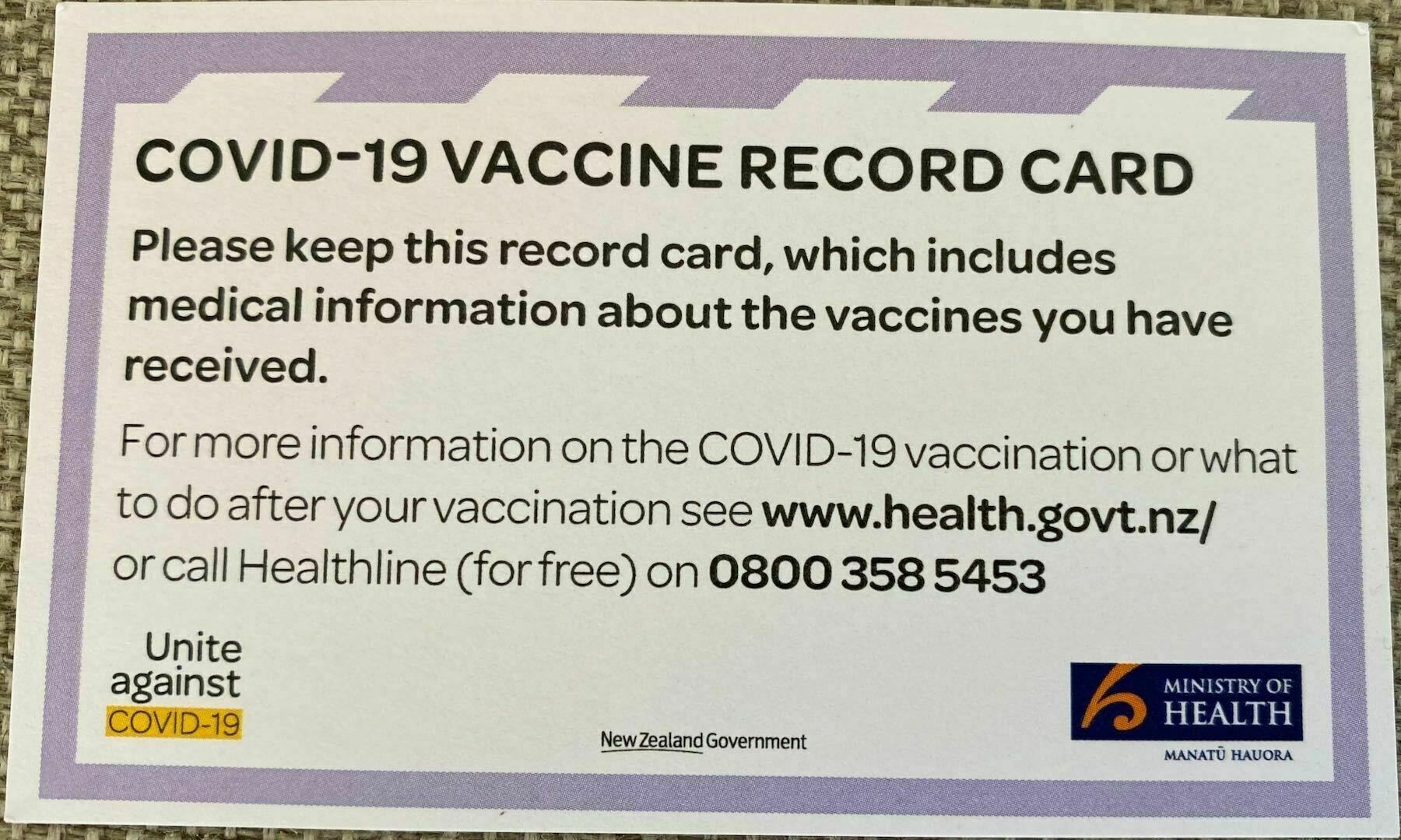 Vaccination record card front. 