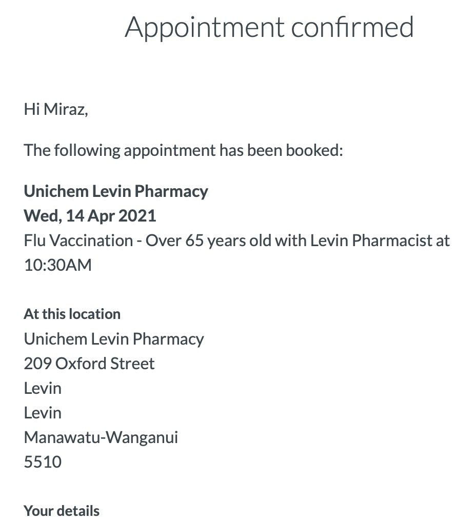 Flu shot booking confirmation. 