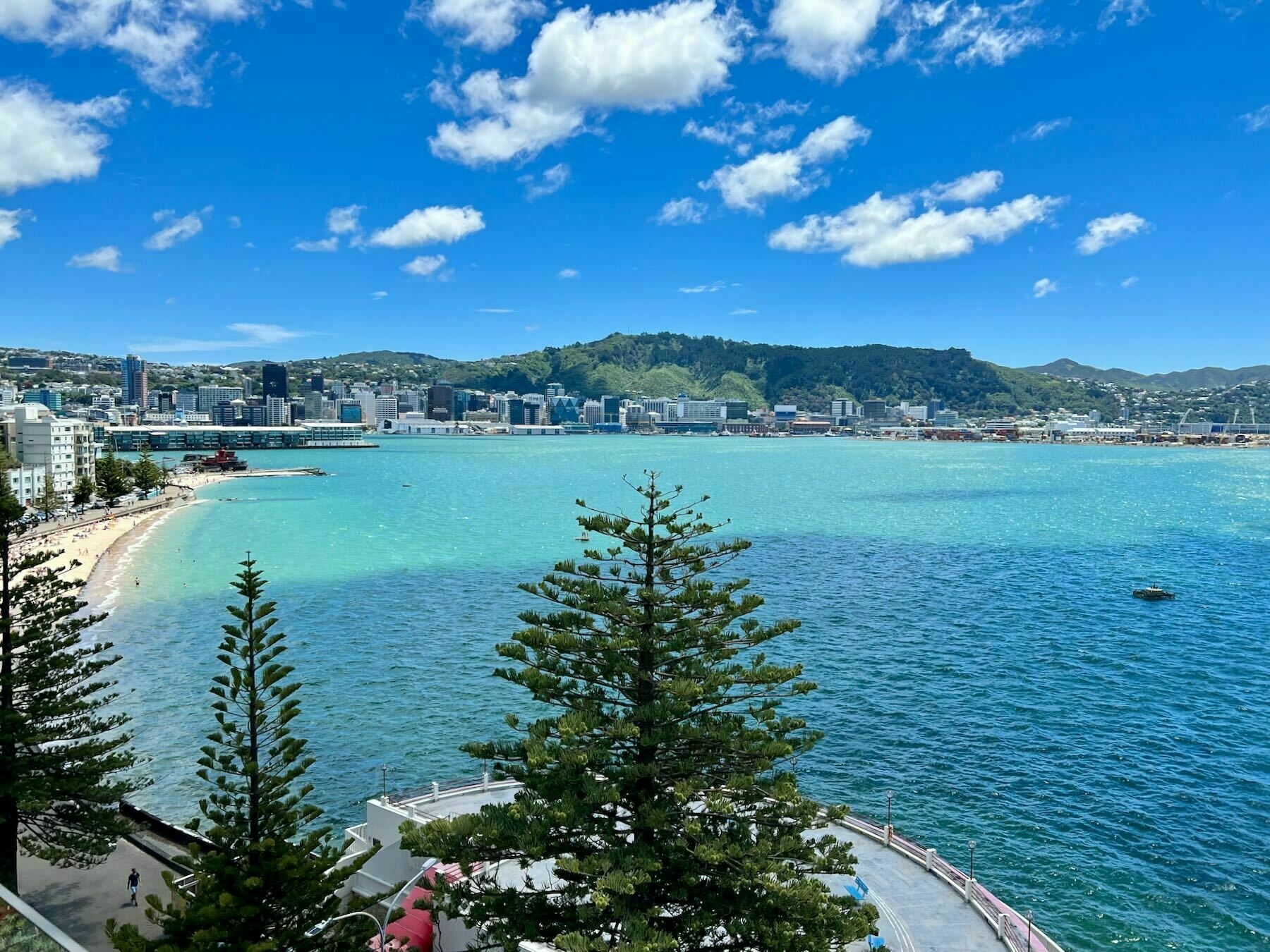 Wellington waterfront, with blue sea and sky. 