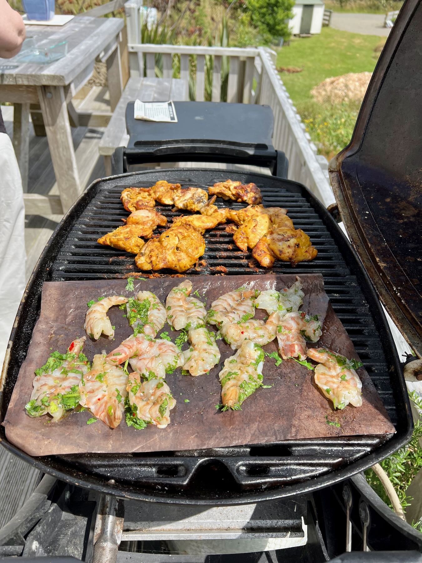 Prawns and chicken on the BBQ. 
