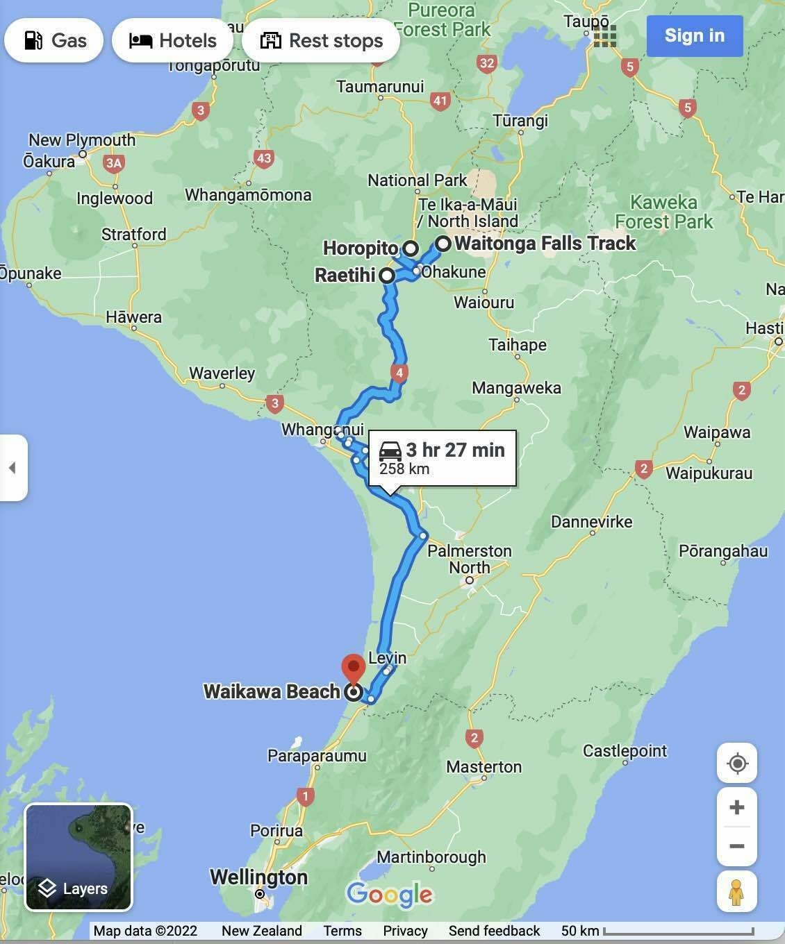 Map showing a route from Horopito to Waikawa Beach. 