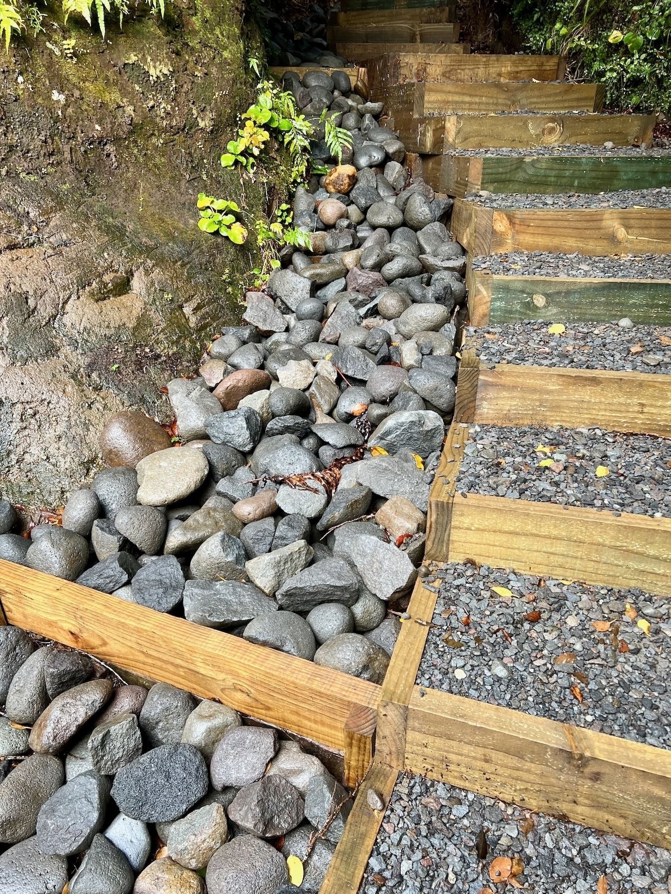 Steps going up, with rock-filled gutter beside. 