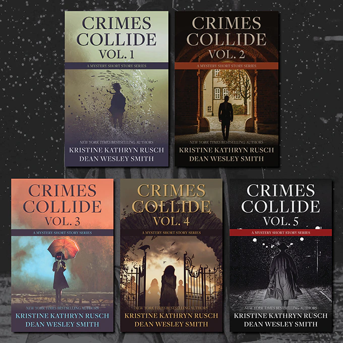 Cover shots for 100 Mystery Short Stories by Kristine Kathryn Rusch and Dean Wesley Smith in Five Volumes. 