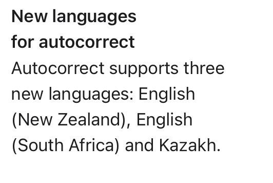 Screenshot: Autocorrect supports three new languages: English (New Zealand). 