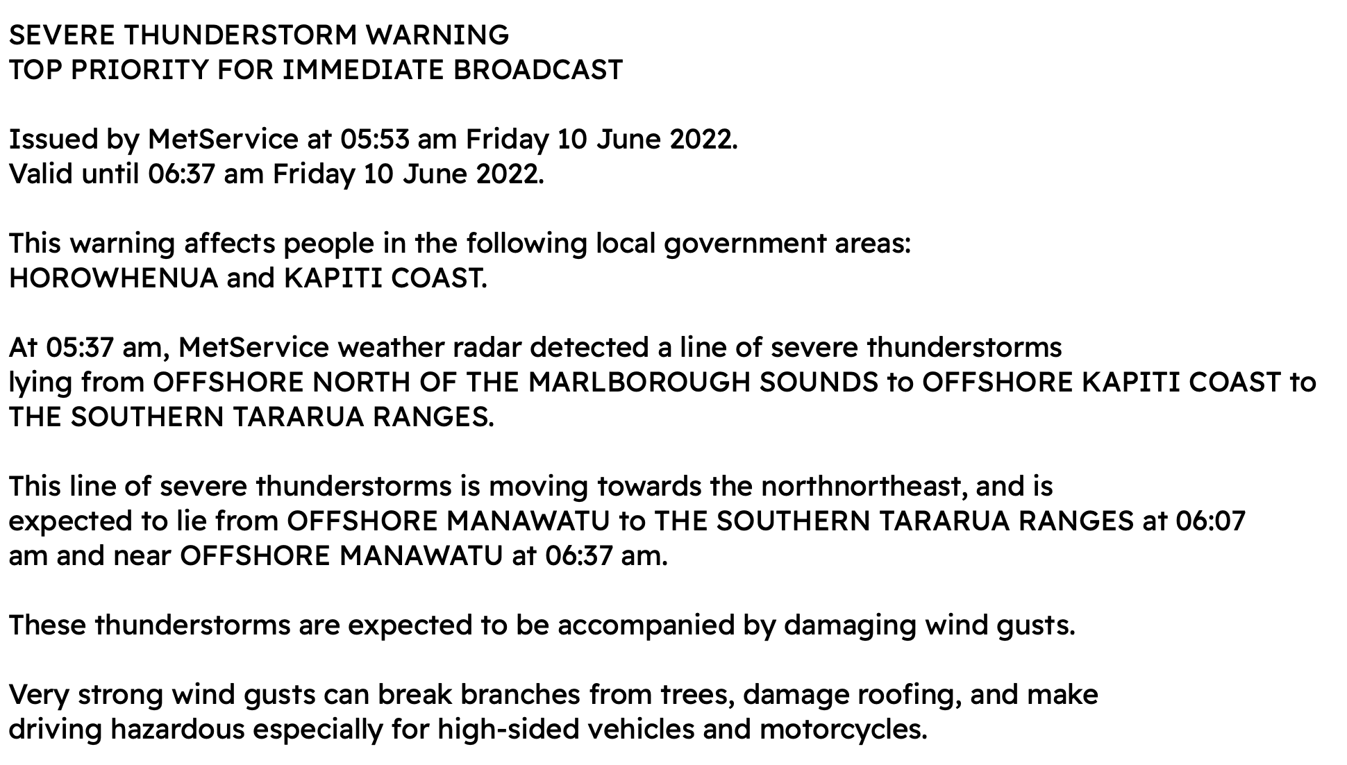 Emailed thunderstorm warning. 