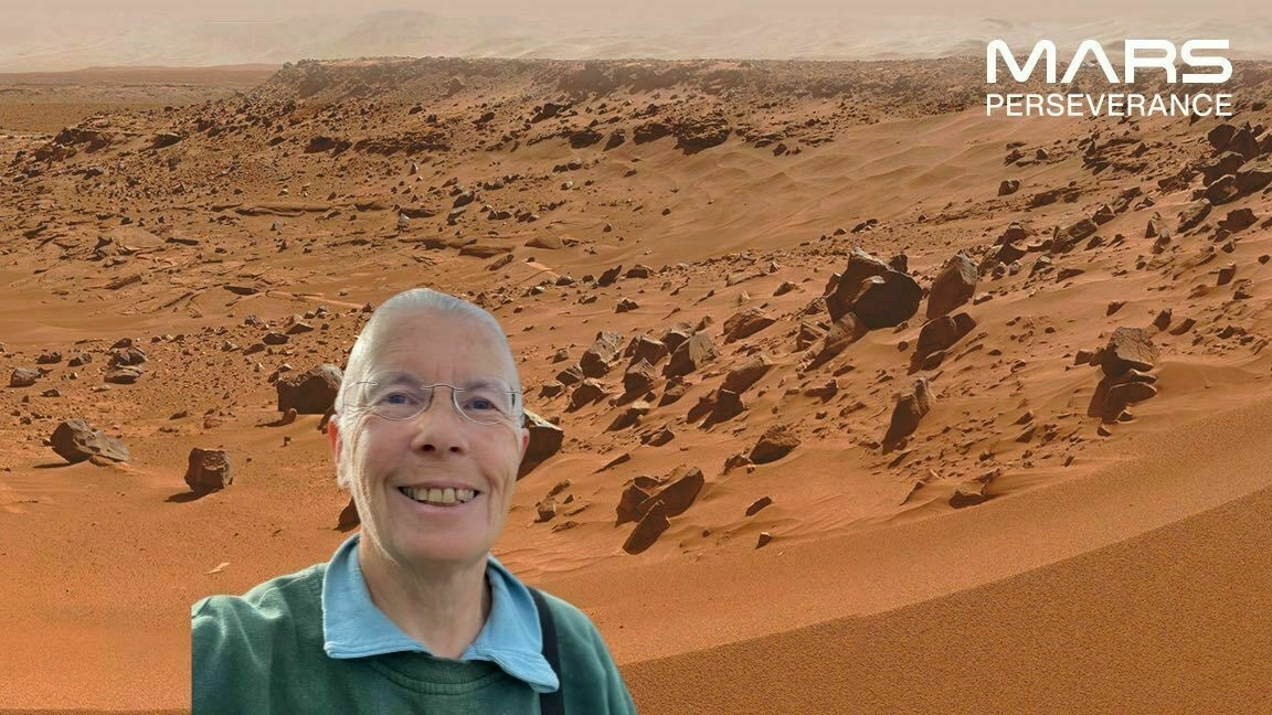 A selfie, with Mars landscape from the Perseverance rover as background. 