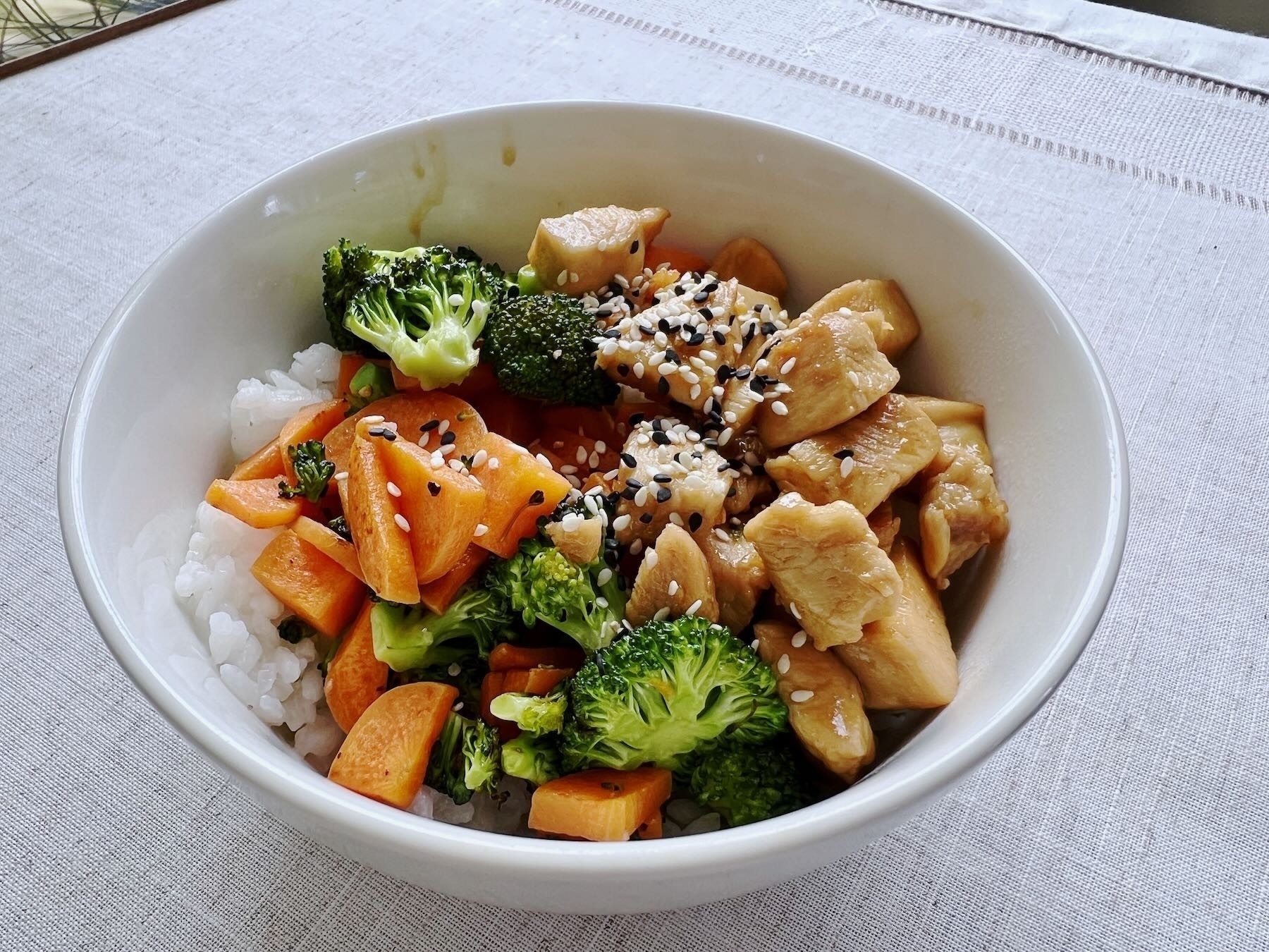 Teriyaki chicken bowl with vegetables and rice. 