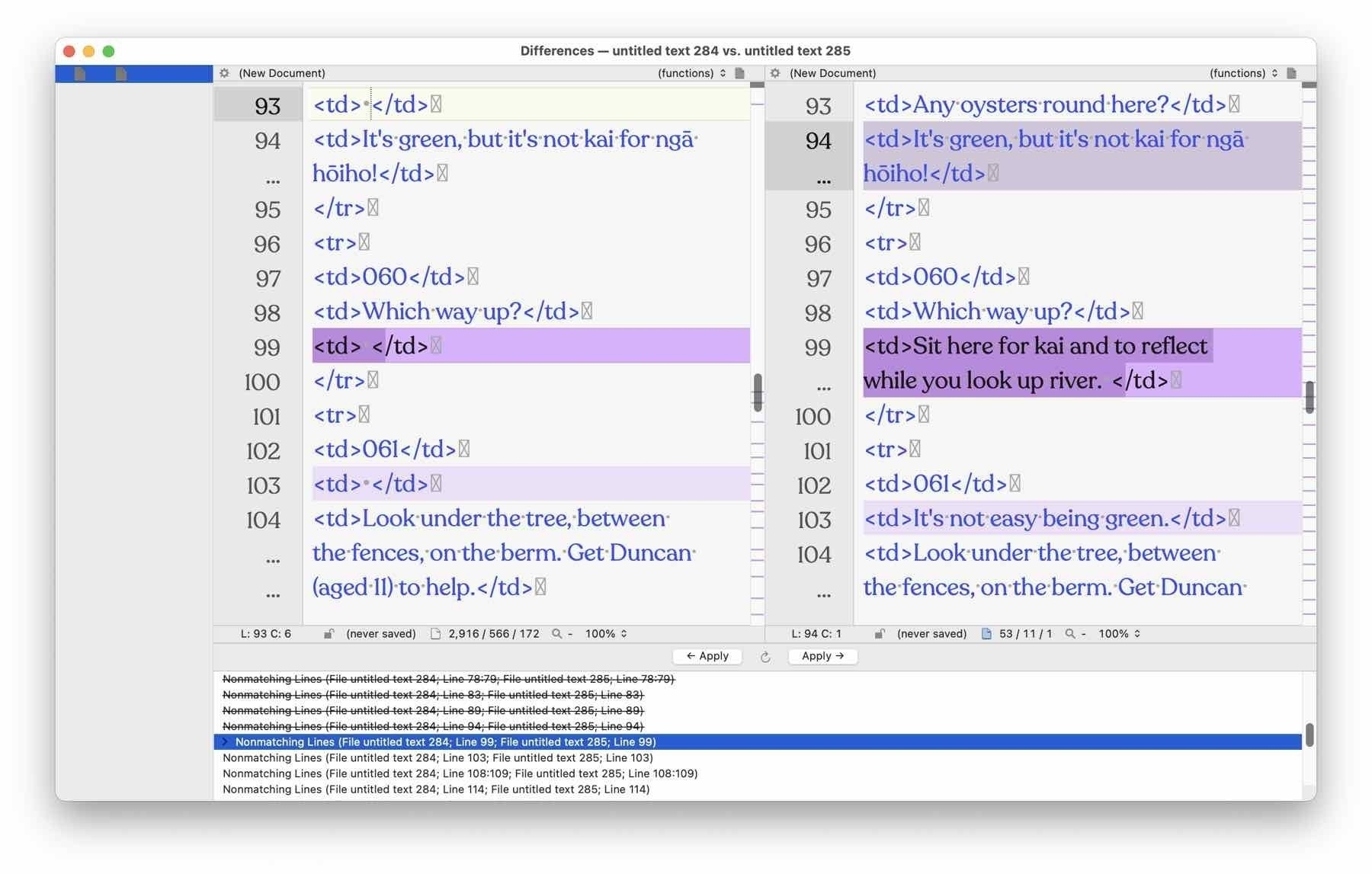 Two similar but differing text documents open in BBEdit with differences highlighted and buttons to copy text between them. 