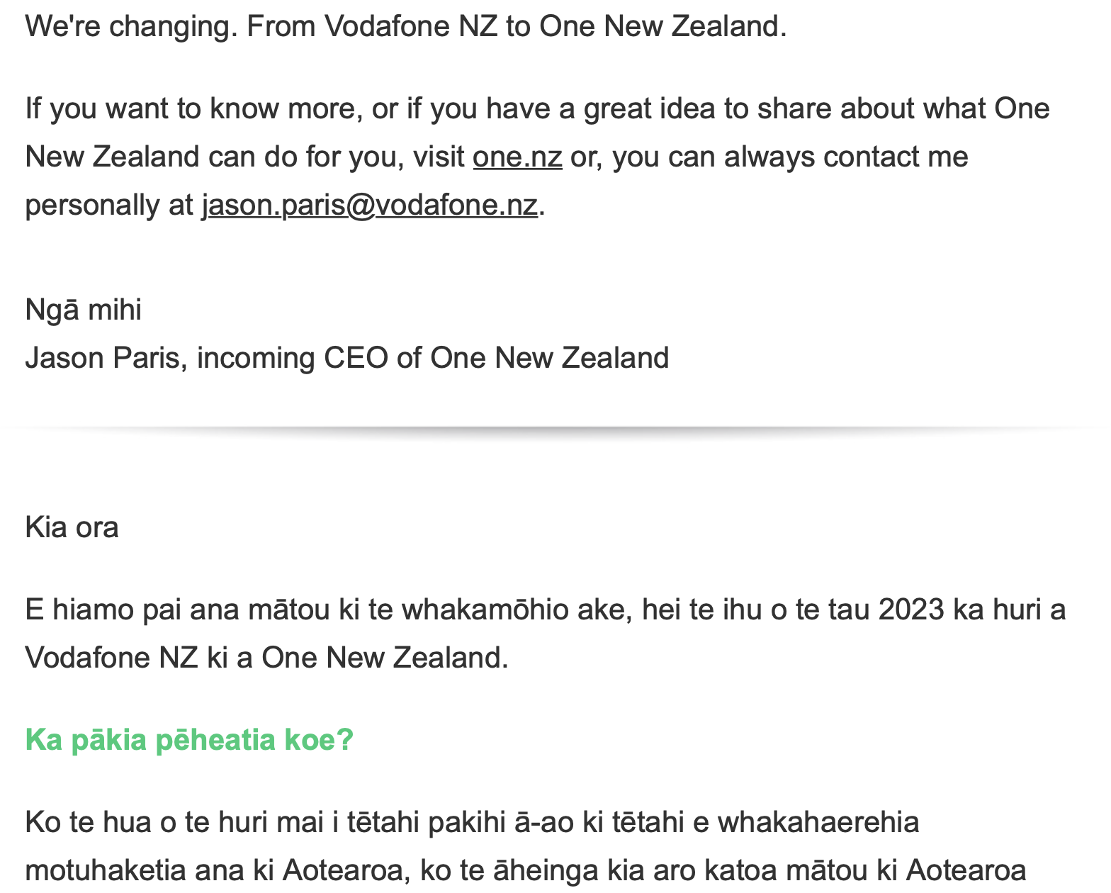 Screen Shot of email showing both English and Māori languages. 