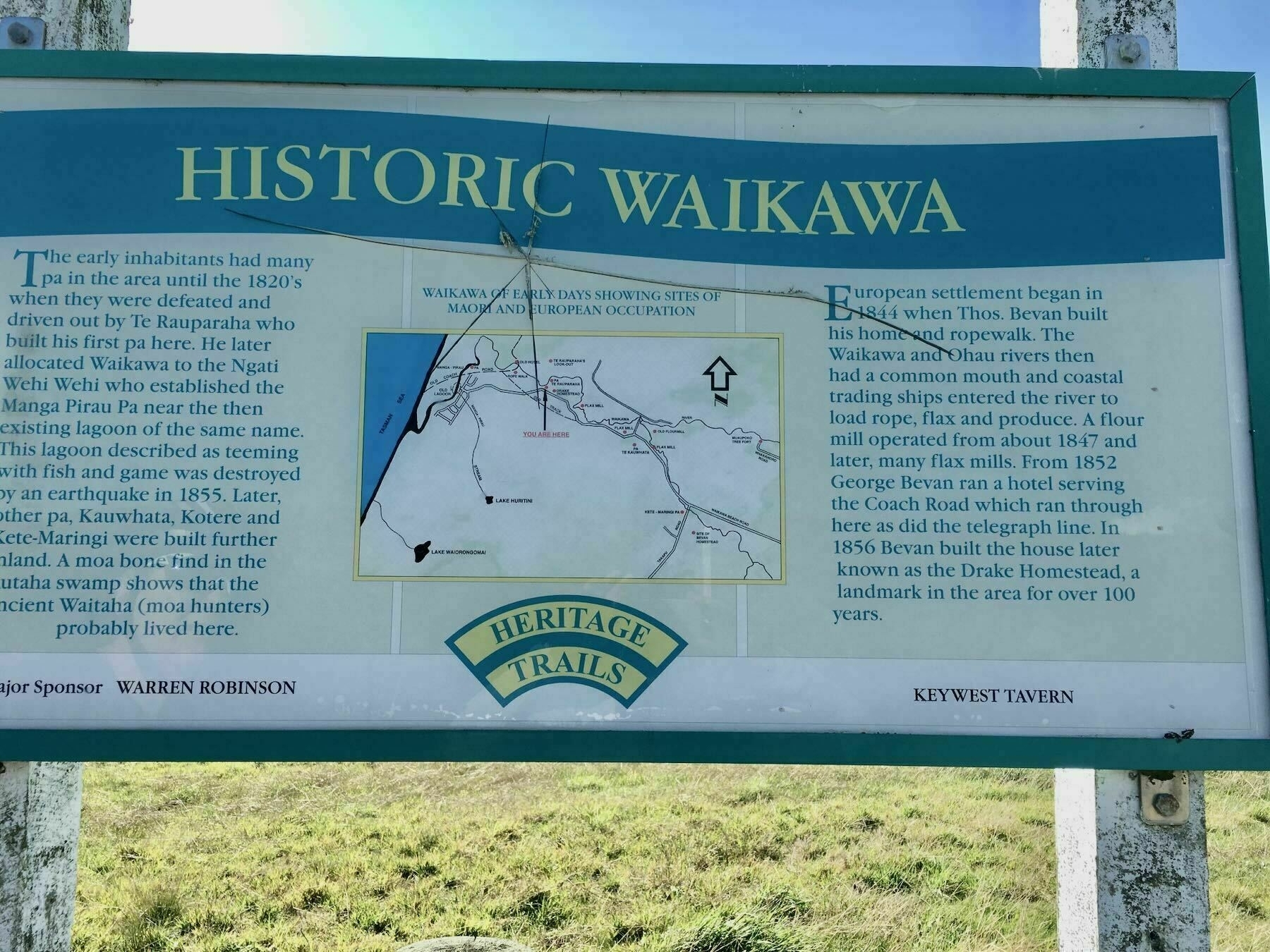 Historic Waikawa Heritage sign before it was destroyed. 