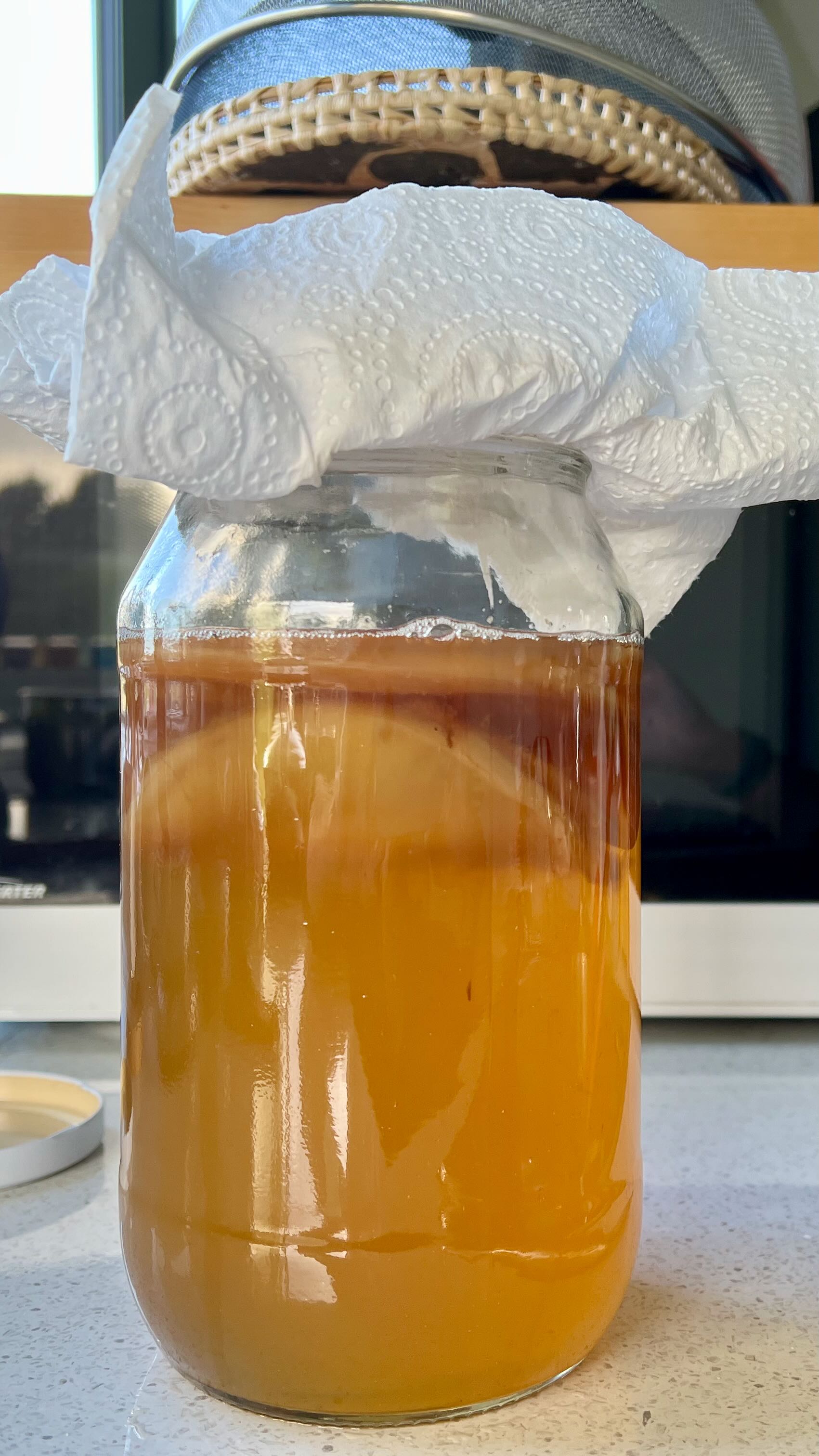 Kombucha Scoby and starter tea mix in a jar. 